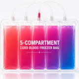 Illustration of a transparent five-compartment cord blood freezer bag with tubing, filled with a pink, purple, and blue gradient fluid.